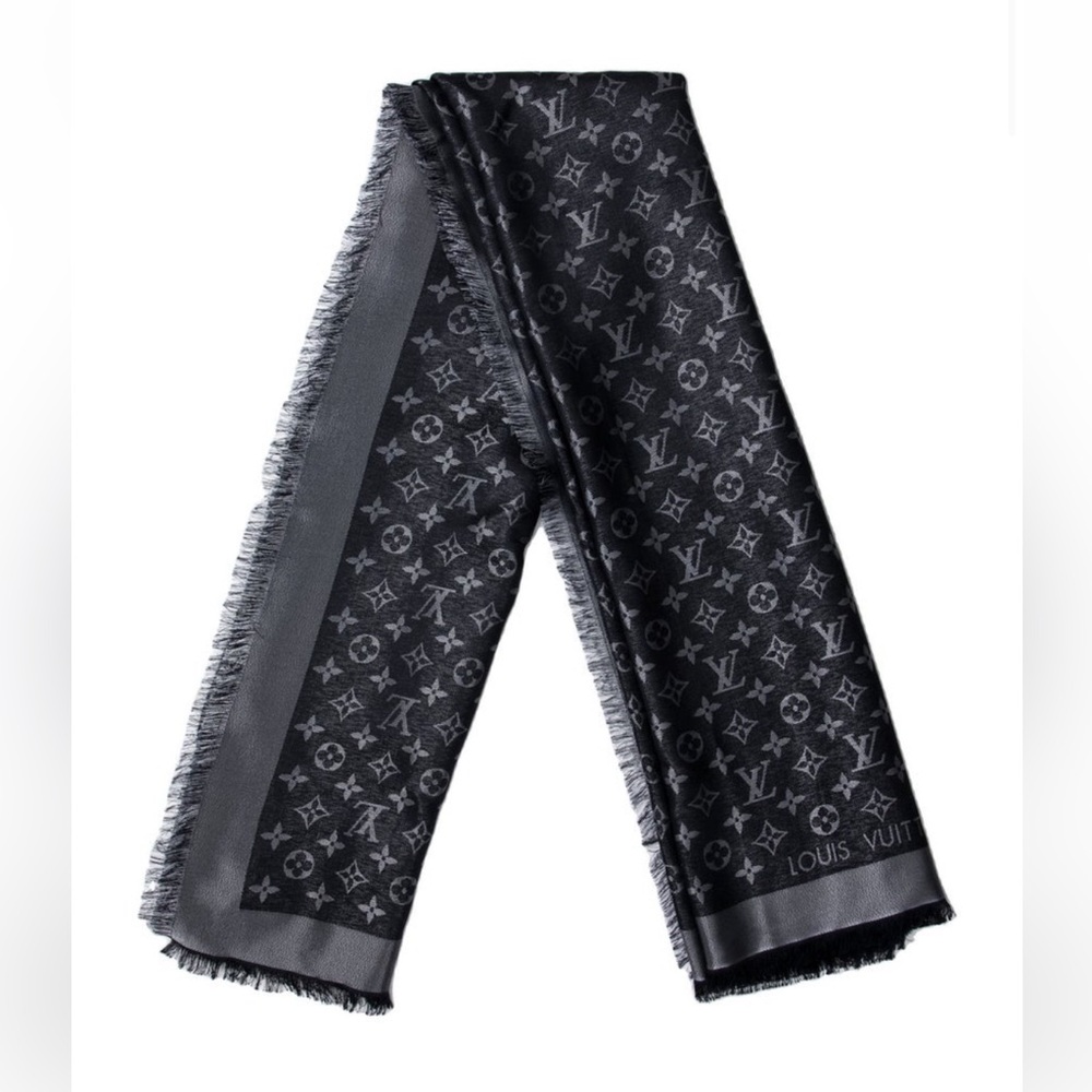 Louis Vuitton Monogram Shine Silk Shawl black and silver